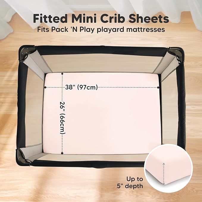 2-Pack Pack and Play Sheets, Waterproof Mini Crib Sheets Fitted - Organic Cotton Pack N Play Sheets for Graco Pack and Play Mattress, Playard Baby Crib Sheets, Neutral for Boy,Girl,Toddler (Mist Rose)