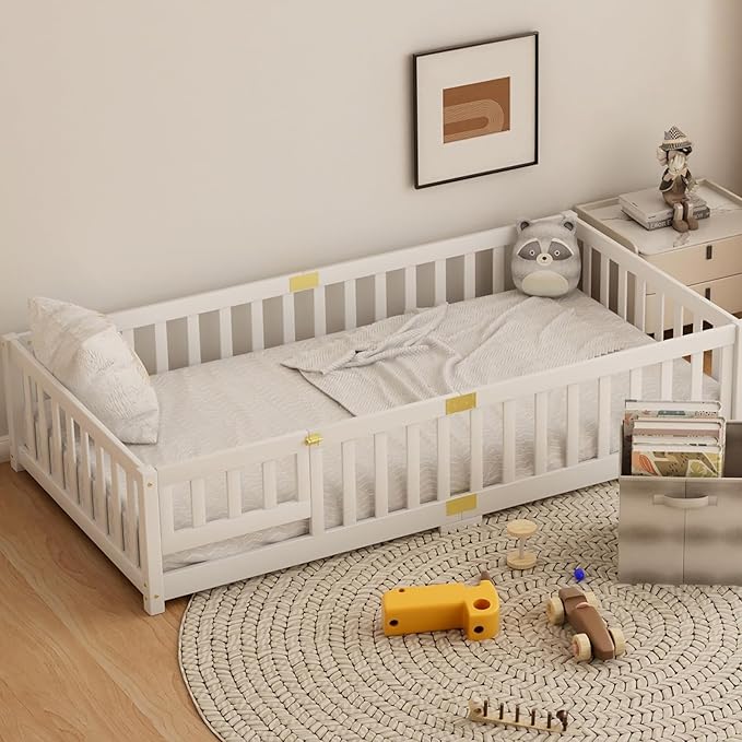 NAIZEA Twin Floor Bed for Kids-Twin Montessori Bed Frame with Wood Slats and Door and Slats, Wood Toddler Floor Beds for Girls and Boys, White