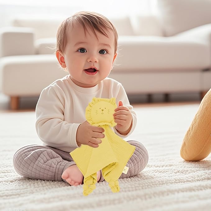 Little Rawr Organic Cotton Muslin Lion Loveys for Babies Baby Security Blanket Baby Snuggle Toy Newborn Essentials Must Haves(Lion-Yellow)
