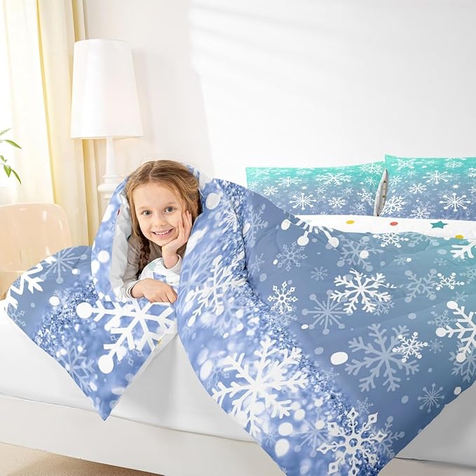 Feelyou Winter Snowflake Kids Comforter Set Toddler Size Christmas Bedding Set Winter Holiday Duvet Quilt for Kids Boys Girls Bedroom New Year Decor Microfiber Ultra Soft Breathable