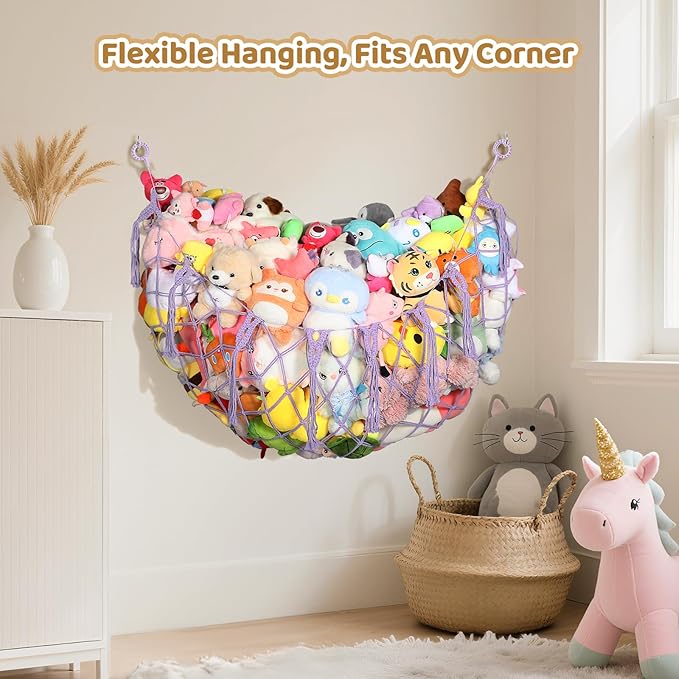 Yecaye 60 IN Stuffed Animal Hammock, Hanging Stuffed Animal Storage with Handmade Macrame Tassels, Net for Stuffed Animals Corner Large for Nursery Living Room Wall Decoration, Lavender Purple
