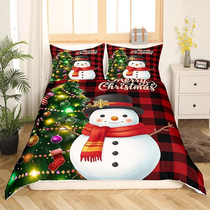 Manfei Christmas Duvet Cover Set Twin Size, Snowman Christmas Tree Comforter Cover with 1 Pillowcase, Red Plaid Grid Print Bedding Set 2pcs for Kids Boys Girls Room Decor,No Comforter