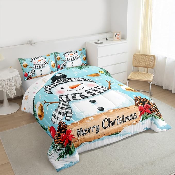 Feelyou Merry Christmas Comforter Set King Size Cute Snowman Bedding Set for Kids Boys Girls Snowflake Duvet Quilt Winter Bedroom Decor Microfiber 3 Pcs with 2 Pillow Cases