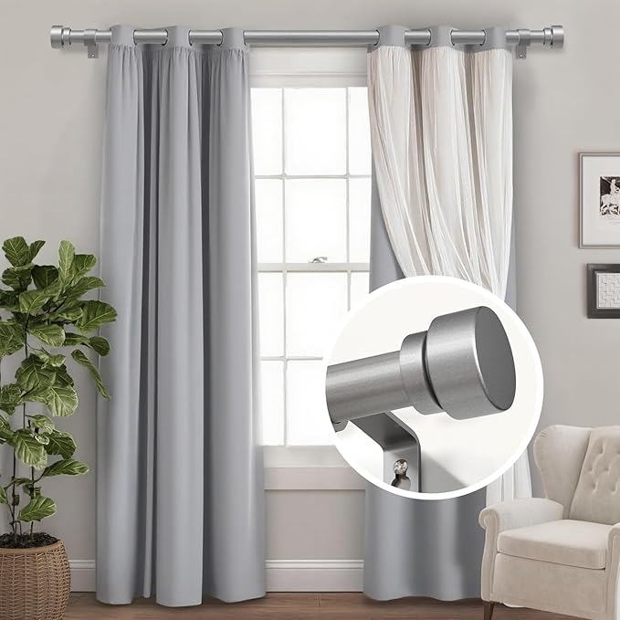 Modern Silver Curtain Rods for Windows 66 to 120 Inches Adjustable Length Heavy Duty 1" Diameter Window Curtain Rod with Decorative Finials for Outdoor Bedroom Kitchen Living Room
