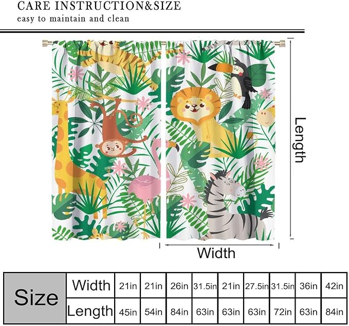 Jungle Animals Curtains Cartoon Cute Lion Giraffe Monkey Zebra Woodland Art Printed for Children Girls Boys Bedroom Nursery Rod Pocket Decoration Window Drapes 2 Panels W36xL63in