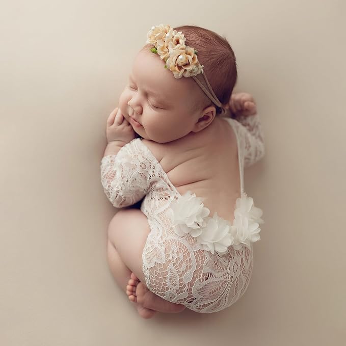 Newborn Lace Romper, 2 PCS Baby Girl Photography Props, Newborn Girl Photography Outfits with Flower Headband for Infants