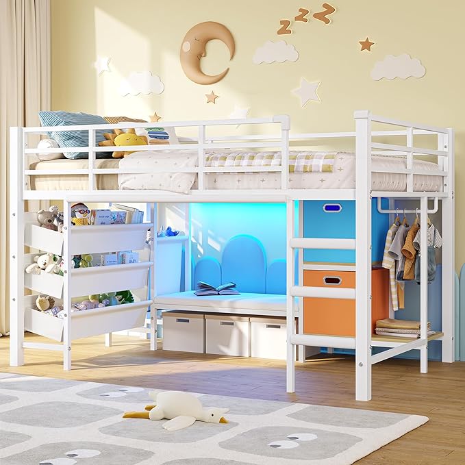 DICTAC Low Loft Bed Twin Size with Reading Corner Metal Twin Loft Bed with LED Lights,Sling Drawers and Bookshelf,loft Bed with Storage Basket and Bins,13.98" H Safety Guardrail and Stairs,White
