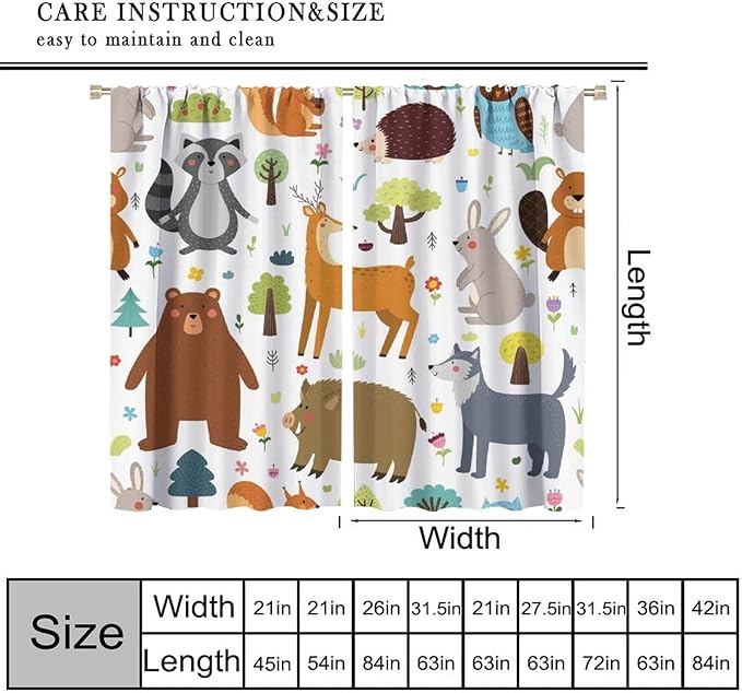 Forest Animals Kids Blackout Curtains Cartoon Cute Bear Deer Squirrel Owl Hedgehog Modern Art Print for Boys Girls Bedroom Living Room Nursery Rod Pocket Decoration Window Drapes 2 Panels W36xL63in