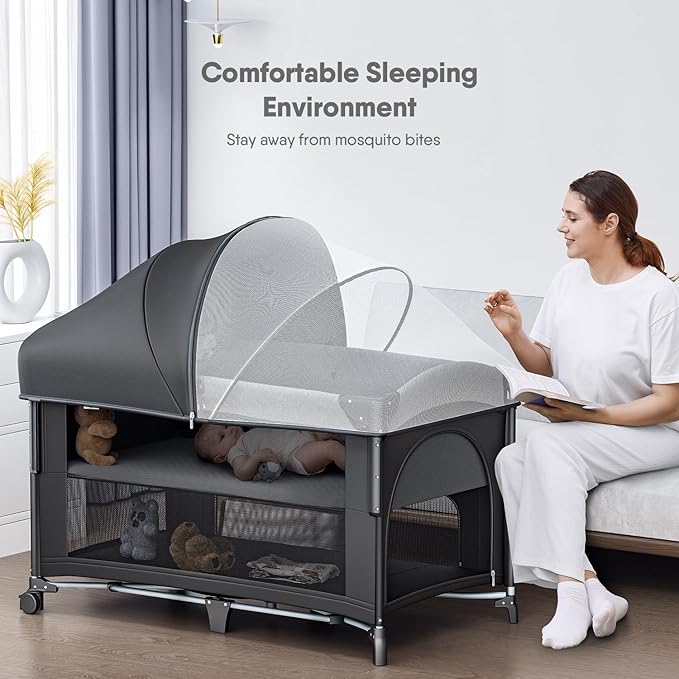 4 in 1 Baby Bassinet, Pack and Play, Bedside Crib Sleeper, Diaper Changer - Comes with Mattress, Mosquito Net，Bottom Storage and Toy Bar for Newborn to Toddles