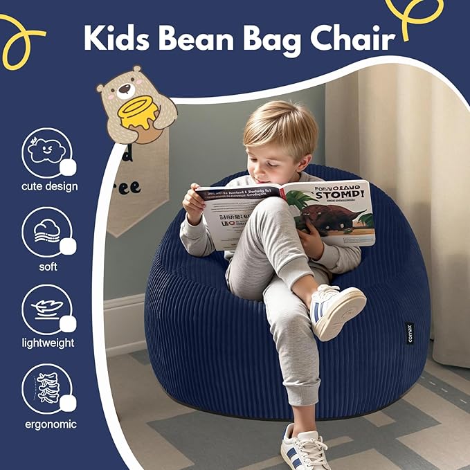COMAX Bean Bag Chairs for Kids, Toddler BeanBag Sofa with Filler Bean Couch Stuffed for Boys and Girls, Lazy Floor Chair for Playroom, Nursery Room, Dark Blue