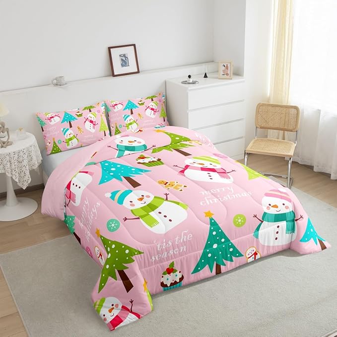 Erosebridal Merry Christmas Comforter Set for Kids,Pink Xmas Decor Bedding Set Twin Size,Cartoon Snowman Quilts Christmas Tree Down Comforter for Girls Boys Teens Bedroom Decor