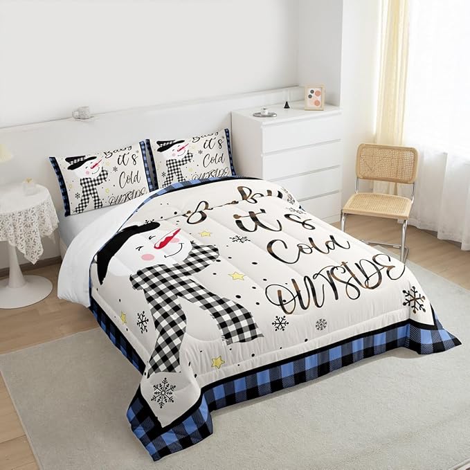 Christmas Snowman Kids Comforter Set Queen Size,Snowflake Christmas Holiday Bedding Set,Girls Boys Adults Xmas Decor,Geometric Grids Lattices Down Comforter,Blue Rustic Duvet Insert,2 Pillowcases