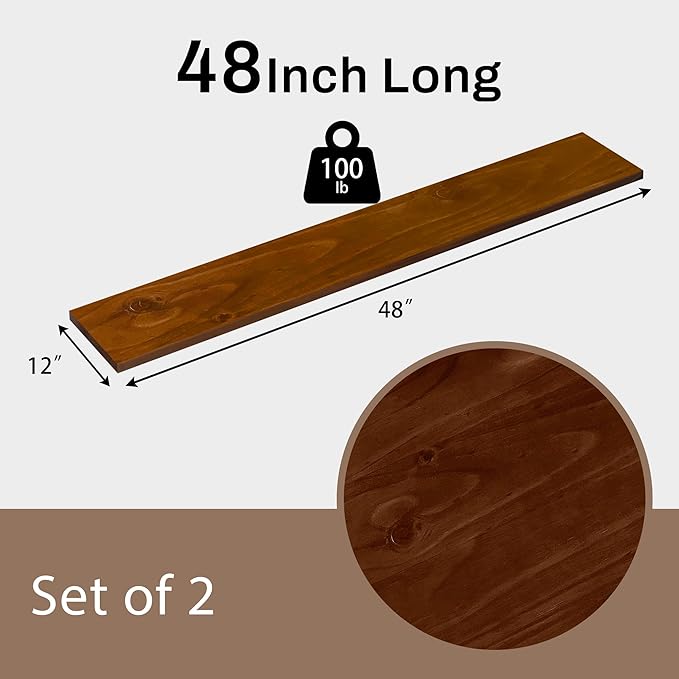12x48 Inch Rustic Walnut Wood Floating Shelves 2-Pack - Farmhouse Walnut Wall Shelves with 100 lbs Capacity, Easy Installation for Living Room, Kitchen, Bathroom
