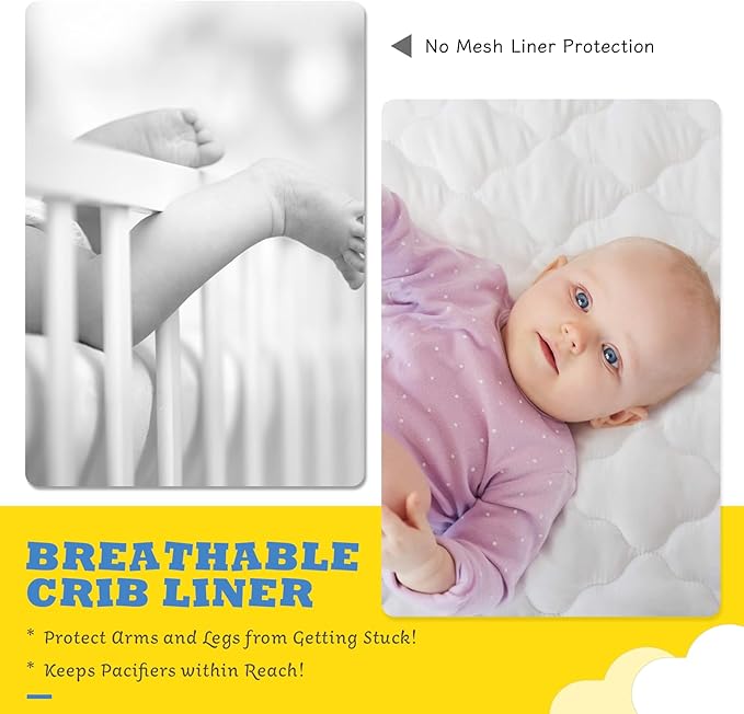 Upgraded Breathable Mesh Liner for 2 Solid Ends Crib, Standard Length, More Straps for Fixing Liner, Protects Legs and Arms, 3mm Breathable Mesh, Not Fits 4 or 3 Sides and Mini Crib, White