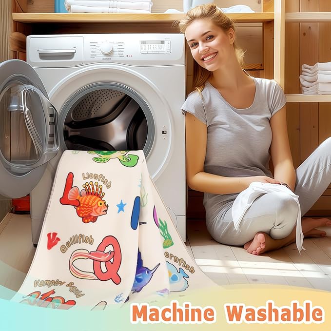 Kids Playroom Rug, 7x9 Feet Educational Rug for Learn The ABC Alphabet, Soft Machine Washable Non-Slip Cute Marine Organisms Carpet for Classroom Toddler Nursery Kids Room Decor, Beige