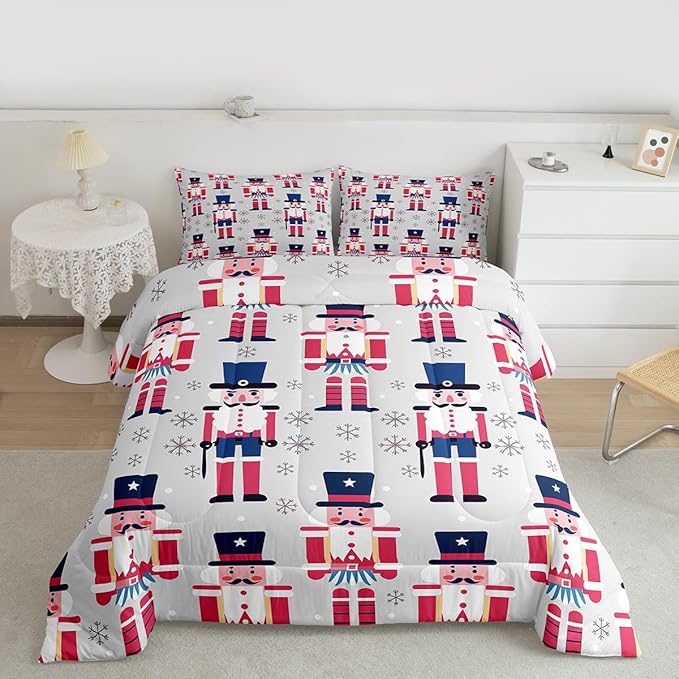 Feelyou Cute Nutcracker Comforter Set King Size Christmas Ornaments Bedding Set for Kids Boys Girls Xmas Snowflake Duvet Quilt Soldier Bedroom Decor Kawaii Microfiber 3 Pcs with 2 Pillow Cases