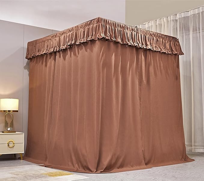 VETHIN Elastic Roof Style Four Corner Post Princess Bed Canopy Curtains Cozy Breathable Tent Canopy Mosquito Net for Girls & Adults Bedroom Decoration (Brown, 47-53" W*78" L*82"*H/(Twin-Full))