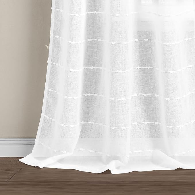 Lush Decor Farmhouse Textured Grommet Sheer Window Curtain Panel Pair, 38"W x 120"L, Bleach White