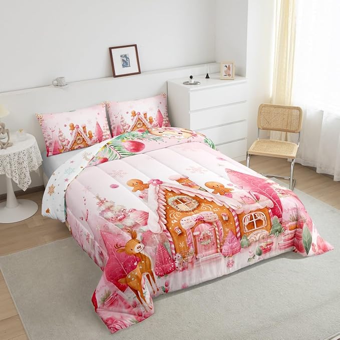 jejeloiu Kids Christmas Theme Comforter Set Toddler Cute Deer Gingerbread Man Bedding Set for Boys Girls Teens Pink Xmas Tree Candy House Winter Snowflake Duvet Quilt Room Decor