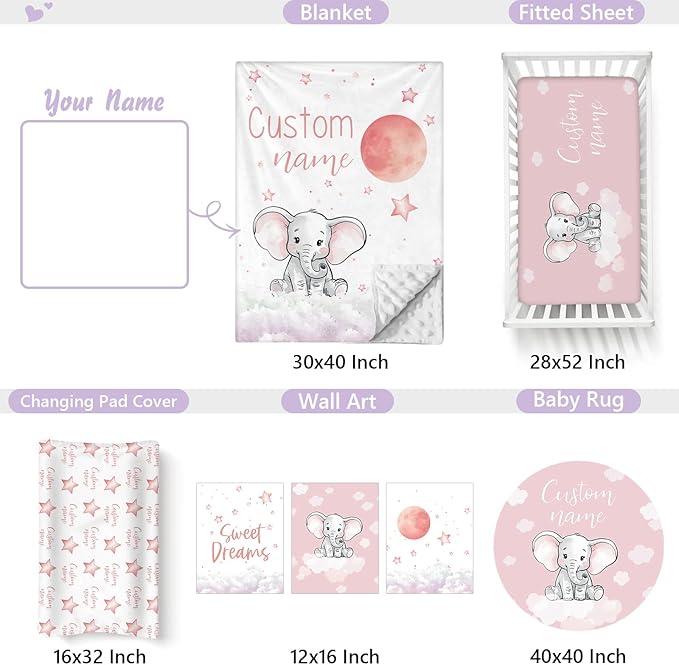 Personalized Baby Crib Bedding Set, 5 Pcs Custom Name Nursery Bedding Set for Girls Boys, Cute Elephant Baby Crib Set for Toddlers Infants, Double Layer Bedding Crib Sets Customized Gifts