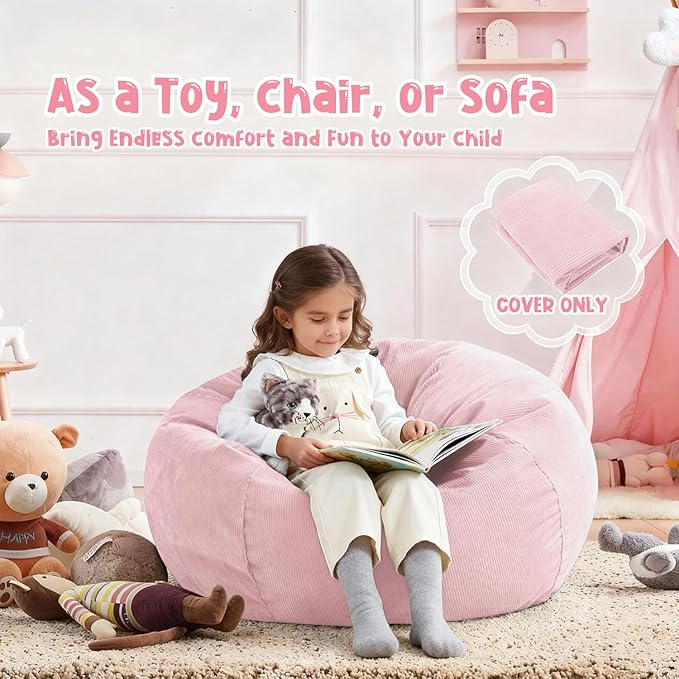 Nobildonna Bean Bag Chair Cover (No Filler) for Kids and Adults,Beanbag Stuffed Animal Storage Without Filling Plush Toys Holder and Organizer Soft Premium Corduroy 200L (Pink)