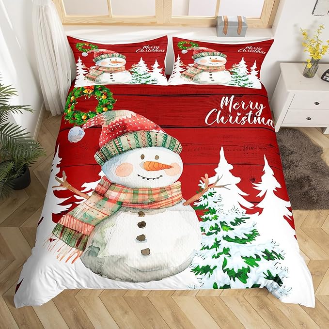 Merry Christmas Duvet Cover Set Queen Size, Cute Snowman and Xmas Tree Print Comforter Cover with 2 Pillowcases, Red Wooden Stripe Print Bedding Set 3pcs for Kids Girls Bedroom Decor,No Comforter
