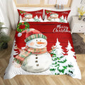 Merry Christmas Duvet Cover Set King Size, Cute Snowman and Xmas Tree Print Comforter Cover with 2 Pillowcases, Red Wooden Stripe Print Bedding Set 3pcs for Kids Girls Bedroom Decor,No Comforter