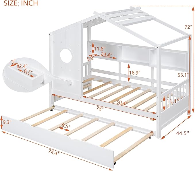 Harper & Bright Designs Twin Size Modern House Bed with Roof, Wooden Twin Kids House Bed Frame with Trundle and Storage Shelf, White