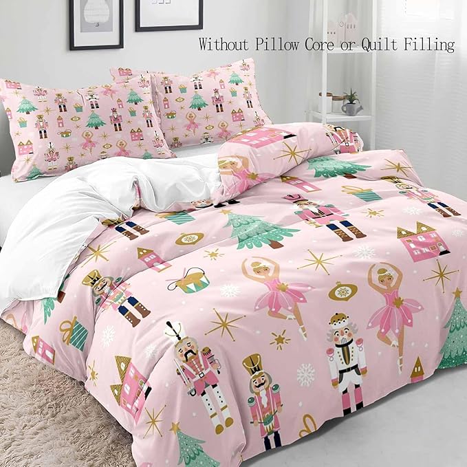 LUVIVIHOME 3PCS Christmas Nutcracker Duvet Cover Full Bedding Set, Light Pink Duvet Cover, Teen Girl Bedding, Christmas Tree Snowflake Winter Holiday Xmas Gifts Kids Comforter Cover, 2 Pillow Shams