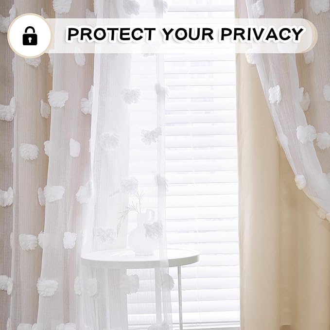 MYSKY HOME Kids Curtains for Girls Bedroom Double Layer Curtain for Daughter Room 72 Inches Long Pom Pom Sheer Drapes Beige Curtains for Living Room Grommet Room Darkening Panels W52 X L72