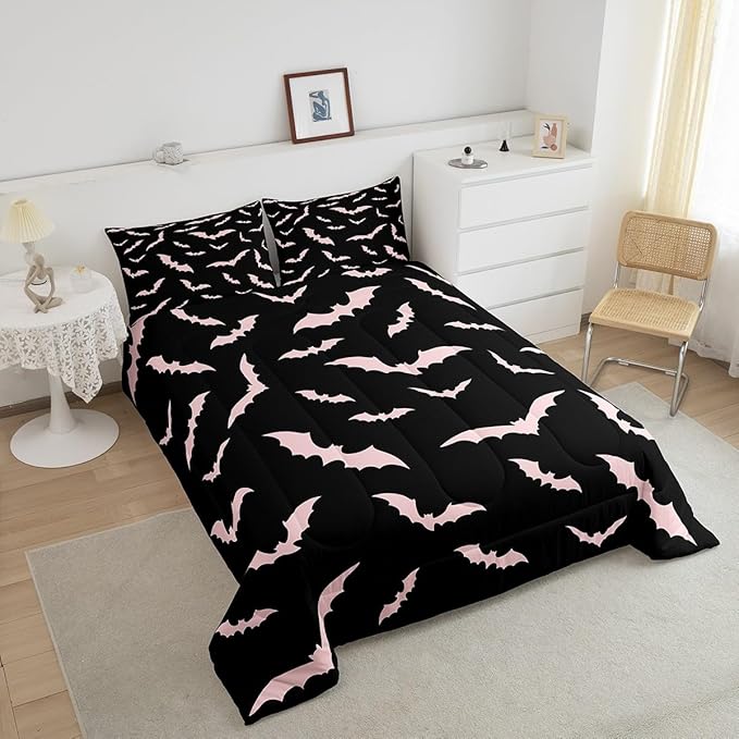 Erosebridal Bat Comforter Set Halloween Pink Bats Bedding Set with 2 Pillow Cases Silhouette Gothic Quilt Queen Size for Kids Boys Youth Gothic Spooky Bedding Comforter Sets,Black