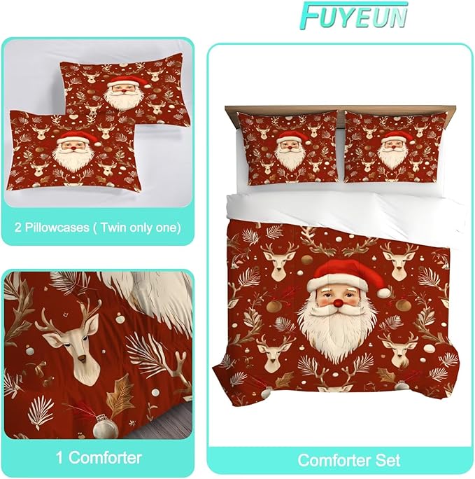 Red Christmas Comforter Set King Size Santa Claus Bedding for Girls Teen Women Xmas Reindeer Holiday Bedroom Quilt Bed Sets, 1 Comforter 2 Pillowcases