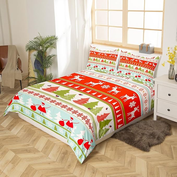 Manfei Xmas Duvet Cover Set Queen Size, Deer Snowflake Trees Santa Claus Comforter Cover with 2 Pillowcases, Christmas Theme Bedding Set 3pcs for Kids Boy Girls New Year Bedspread Cover,No Comforter