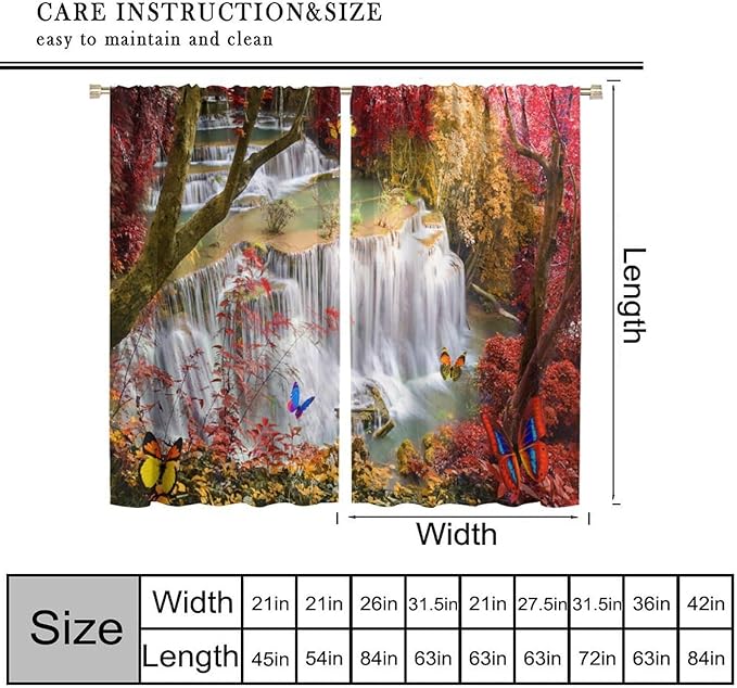 Landscape Blackout Curtains, Nature Forest Waterfall Butterfly Scenery Pattern Rod Pocket Window Drapes, for Bedroom Living Room 55" W X 63" L
