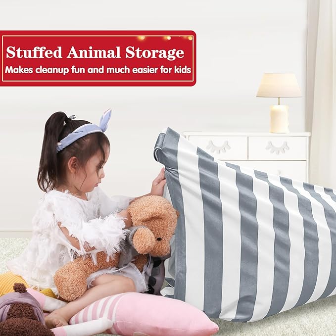 Jorbest Bean Bag Stuffed Animal Storage, Stuffed Animal Bean Bag Storage for Adults and Kids, Luxury Velvet Covers Only without Filling (Stripe White Gray, 200L/52 Gal)