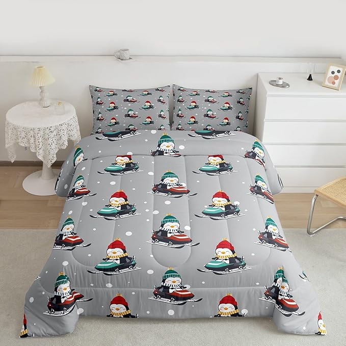 Feelyou Christmas Comforter Set All Season Gray Penguin Bedding Set with 2 Pillow Cases Cartoon Penguin Skiing Microfiber Kids King Bedclothes Snowflake Bedroom Decor Duvet Quilt Breathable Soft