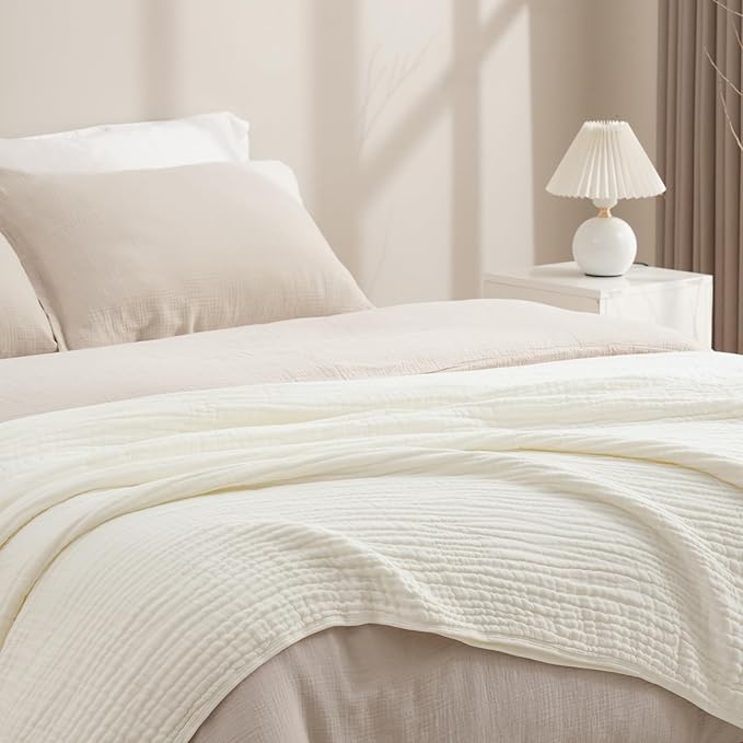 PHF Cooling Muslin Blanket King Size 104"x80", 6-Layer Lightweight Gauze Blanket Made from 35% Rayon Derived from Bamboo & 65% Cotton, Breathable & Ultra Soft Cozy, Aesthetic Home Decor, Snow White