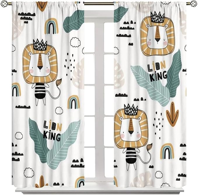 Cartoon Little Lion King Window Curtains for Baby Child,Cute Funny Forest Animals,Tropical Jungle Leaves Wildlife Boho Rainbow Print Blackout Drapes for Nursery Boys Girls Kids Bedroom 55x63in