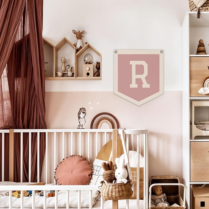 Lacama Pink Initial Personalized Preppy Banner, Baby Shower Decor Gifts, Wall Decor for Women Teen Girl, Vintage Room Decor Toddler Room Bedroom Playroom Front Door Birthday Gift(R)