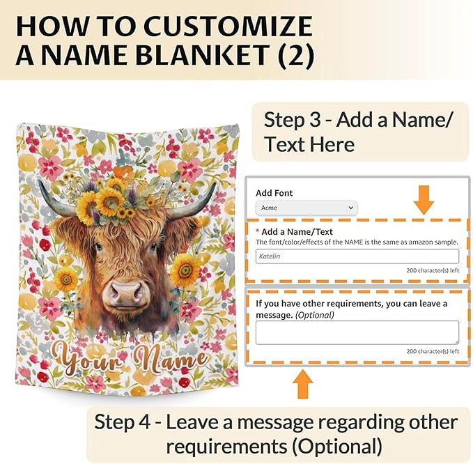 Custom Highland Cow Blanket Gifts with Name - 50x40 Inches Vintage Throw Blanket for Women, Girls - Colorful Soft Fuzzy Blankets for Sofa Couch - Gift for Mom Doughter Grandma