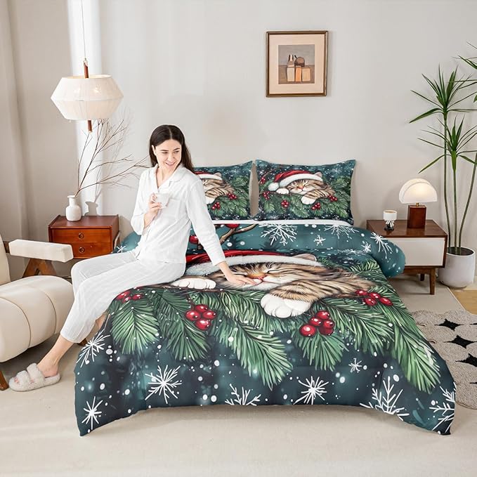 Cute Cat Comforter Set King Size,Winter Holly Berries Snowflake Kids Bedding Set,Animal Merry Christmas Poinsettia Quilt Comforter,Dark Green Duvet Insert,2 Pillowcases