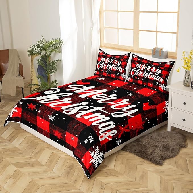 Red Black Plaid Duvet Cover Set Queen Size Merry Christmas Bedding Set 3pcs for Kids Boys Teens Western New Year Theme Comforter Cover White Snowflake Print Quilt Cover with 2 Pillowcases,No Comforter