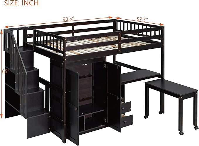 Merax Kids Full Multifunction Loft Bed with Desk/Wardrobe, Wood Storage Loft Bed with Staircase, Bookshelf & Drawers, No Box Spring Needed, Space Saving, Espresso