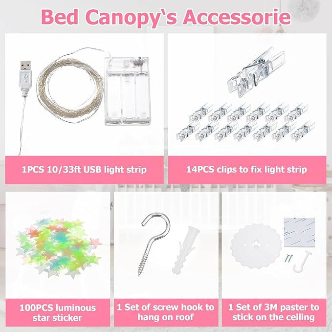 Bed Canopy with Lights, Bed Canopy for Girls Princess with Luminous Stars, Canopy Bed Curtains for Twin to King Size Bed, Baby Kids Adult Indoor Decor Bedroom Reading Nook Outdoor Camping, White