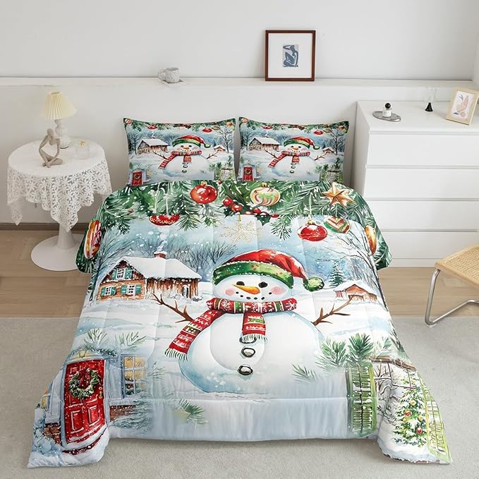 Castle Fairy Merry Christmas Comforter Set Toddler Size,Watercolor Cute Snowman Pine Trees Bedding Set for Kids Boys Girls,Xmas Cartoon Decor Rustic Farm Natural Quilted Duvet Set with 1 Pillowcase