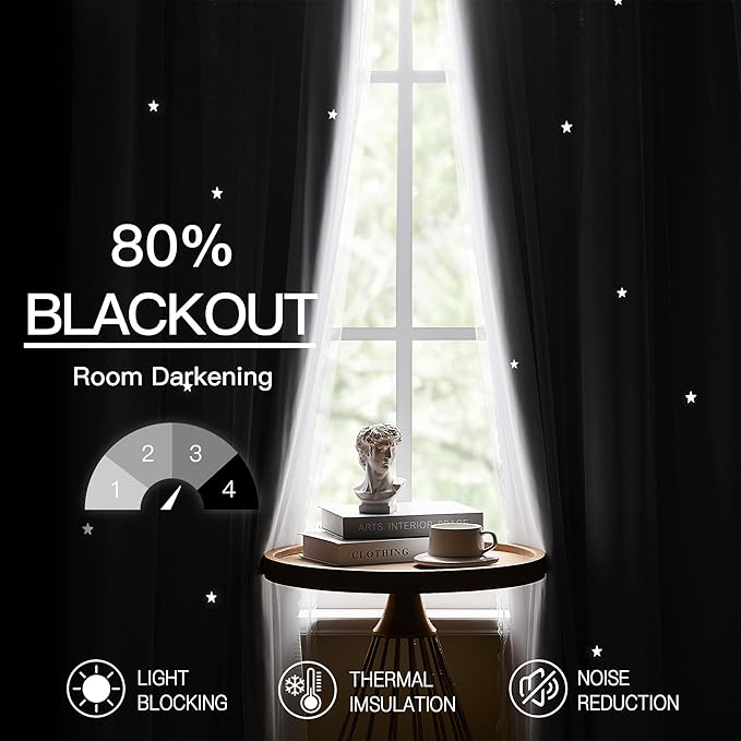 XiDi White Curtains with Sheer Overlay for Girls Bedroom 2 Panels Blackout Double Layer Curtains 45 Inches Length for Kids Princess Nursery Room Star Cut Out Grommet Small Window Drapes W34 X L45