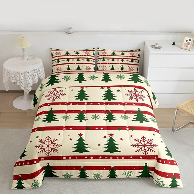 Feelyou Christmas Bedding Set Soft for Boys Girls, Xmas Tree Comforter Set Full Size Snowflake Star Duvet Quilt Microfiber New Year Theme Bedroom Decor 3 Pcs with 2 Pillow Cases
