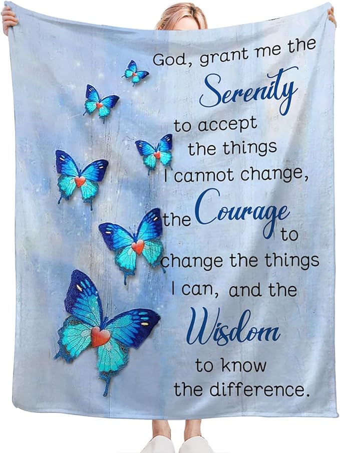 Tijuboni Christian Serenity Prayer Throw Blanket Blue Butterfly Gifts for Women Men Girls Boys Kids Adults Soft Flannel Fleece Blanket for Couch Sofa Bed Home Decor 50"x60"