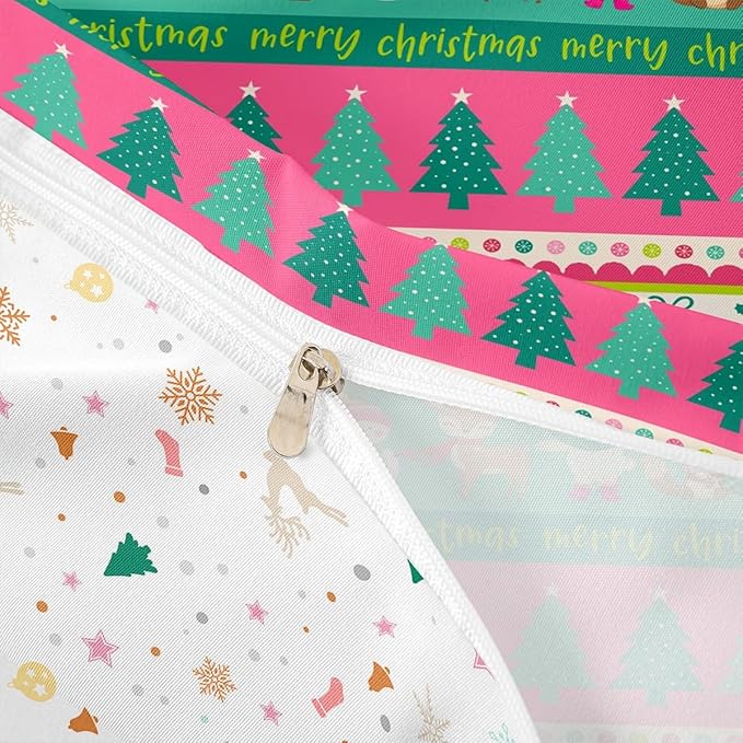 Christmas Bedding Set Cute Snowman Santa Claus Deer Comforter Cover for Kids Christmas Tree Xmas Theme Duvet Cover Breathable Pink Geometric Stripes Bedspread Cover Room Decor Quilt Cover Queen Size