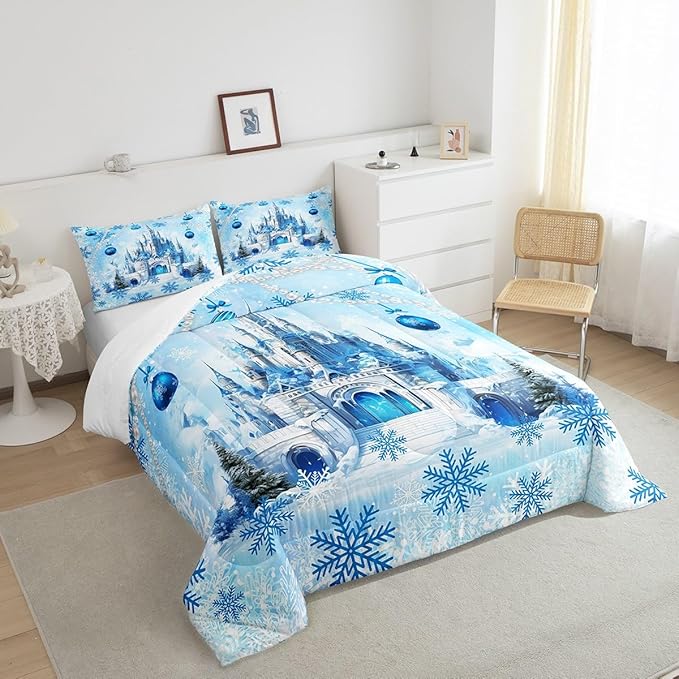 Dreamy Castle Full Size Comforter Set,Princess Blue Winter Snowflakes Bedding Comforters Bedroom Collection,Fairy Tale Theme Watercolor Christmas Bedding Set for Girls Teens